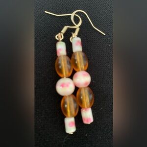 Vintage amber glass beads paired w/ vintage creamy hand painted beads. Hang 2.45